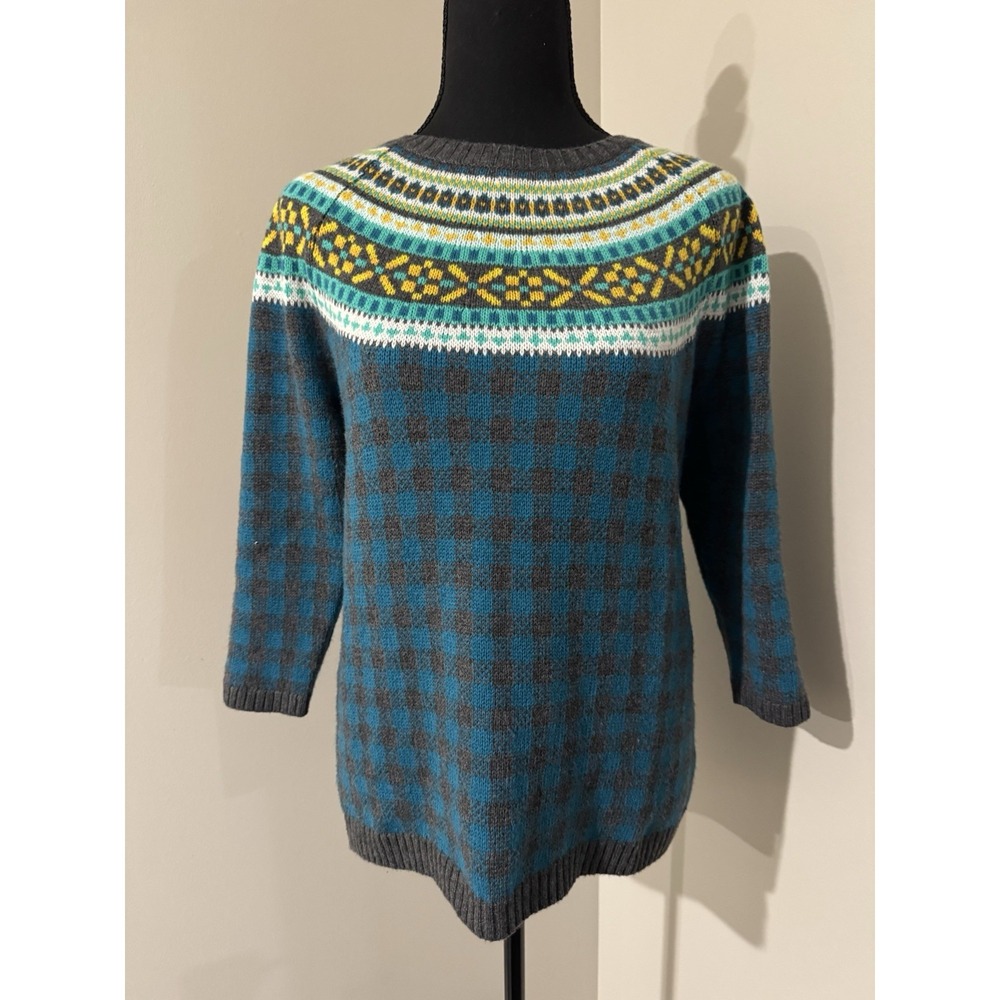 Talbots Petites Fair‎ Isle Sweater Blue Gray Plaid Tunic Size MP